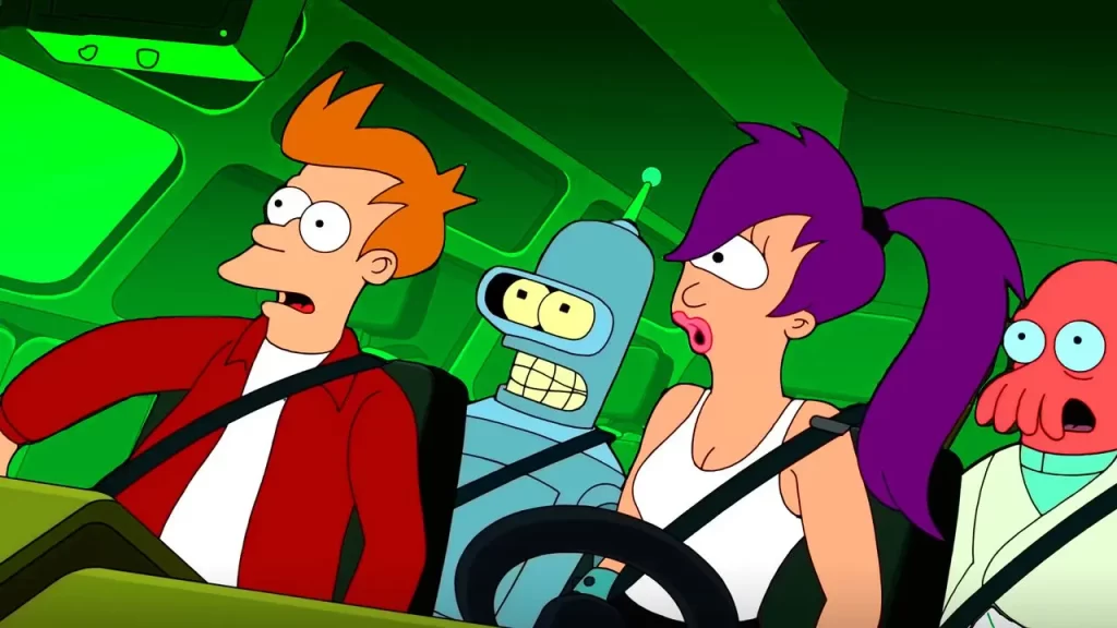 Fry, Leela and Bender Bending Rodriguez, in Futurama spaceship