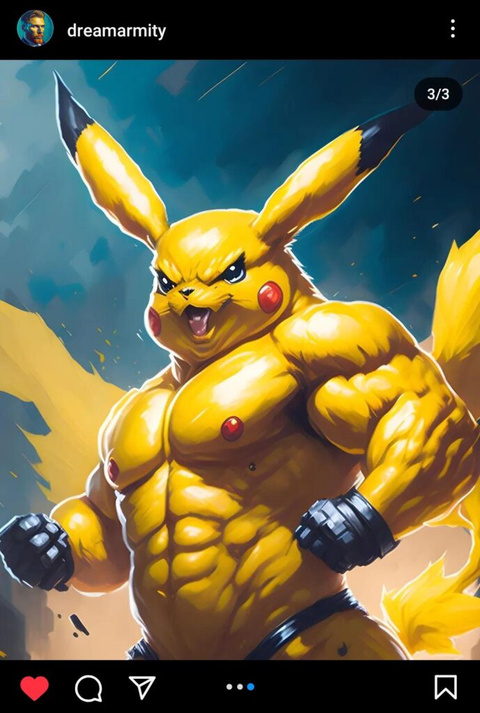 Pikachu turned into a body builder using AI (DreamArmity style coloring)