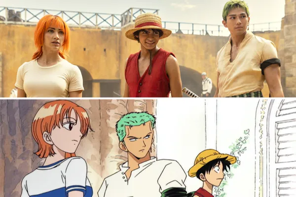 a comparative poster of One Piece animeanime and live action characters
